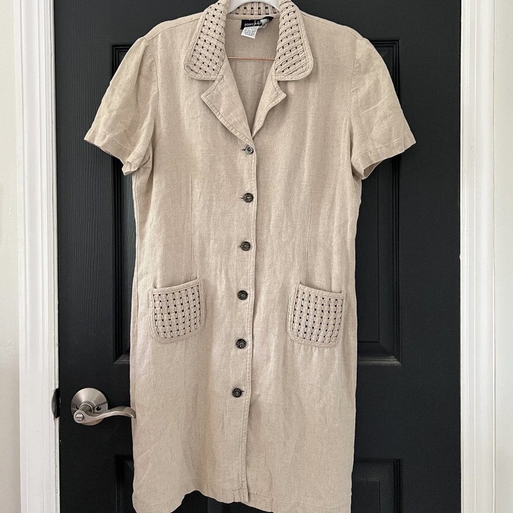 Women's Vintage John Roberts Linen Blend Dress Beige Tan Button Front
